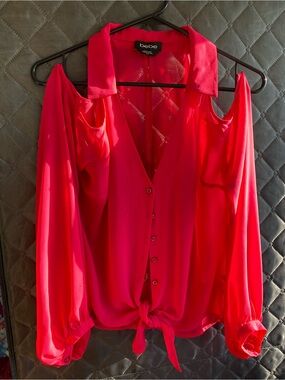 bebe Bright Pink Cold-Shoulder Tie-Front Blouse